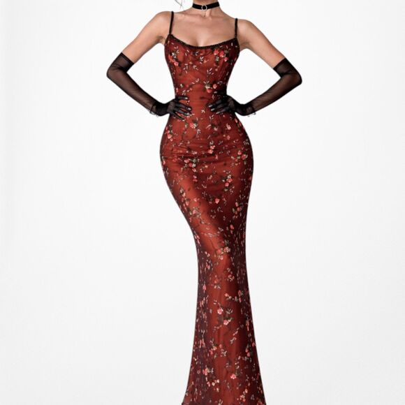 Vintage Y2K Orange Silk Brown Floral Beaded Mesh Bodycon Maxi Prom Dress Size M - Picture 3 of 8